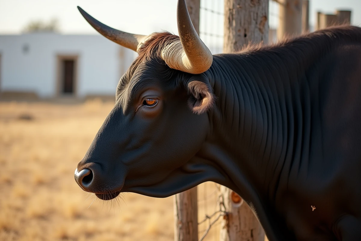 Portrait en gros plan d'un taureau rescapé de corrida, œil expressif et cicatrices visibles, dans un ranch andalou typique