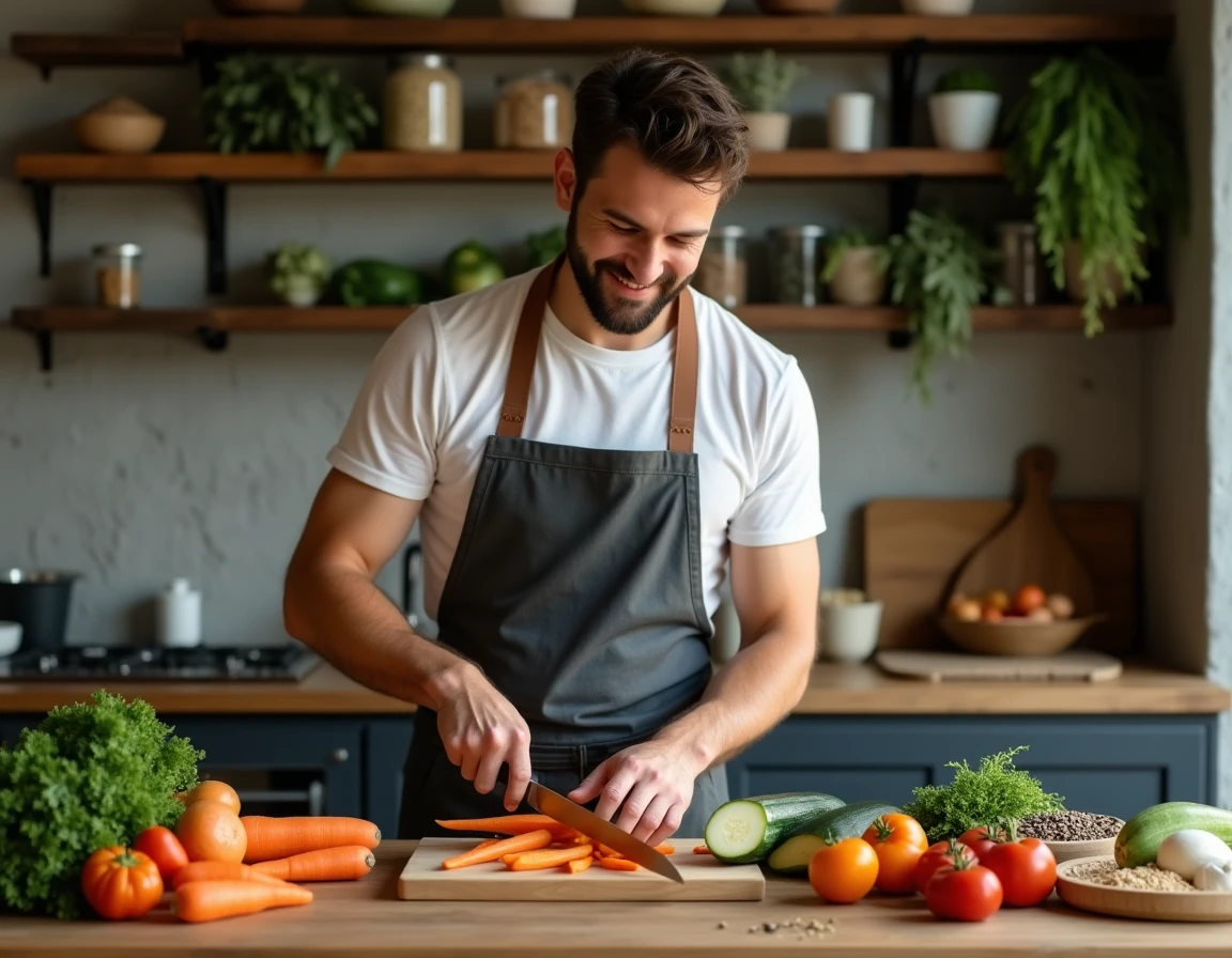 Homme préparant un repas avec des produits bruts et des légumes frais sur un plan de travail en bois