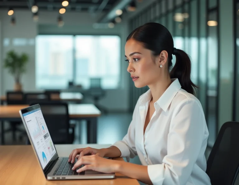 Professionnelle utilisant un service en ligne pour simplifier les démarches administratives de son entreprise