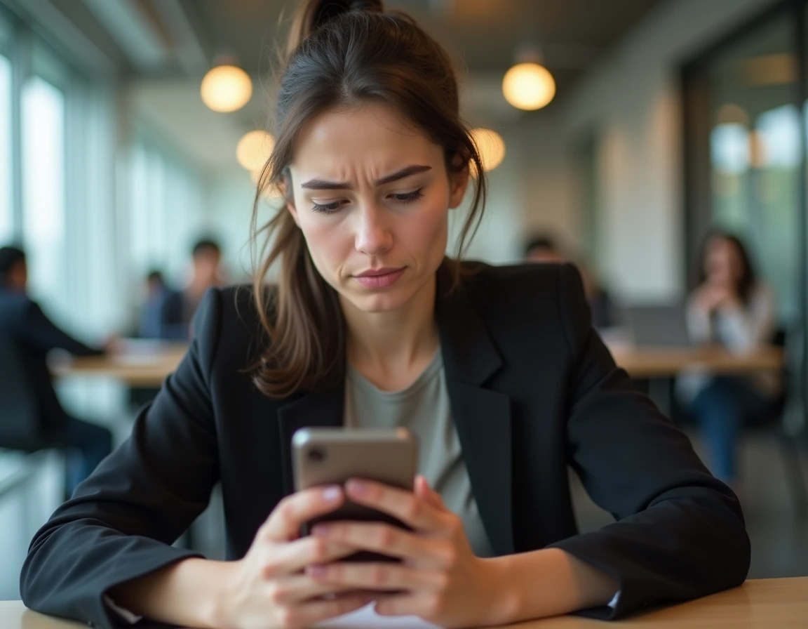 Femme déçue consultant son profil incomplet sur smartphone dans un espace de coworking, erreur courante sur les plateformes freelance