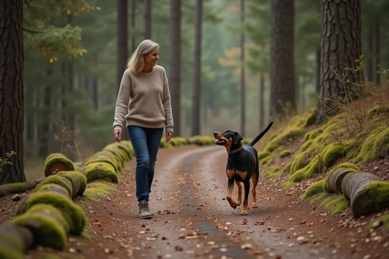 Femme marchant avec son chien labrador-beauceron dans la forêt