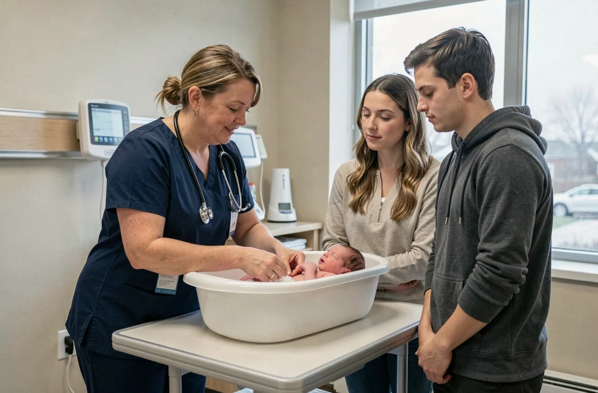 Infirmière puéricultrice montrant la technique du bain du nouveau-né à des jeunes parents dans une chambre de maternité moderne
