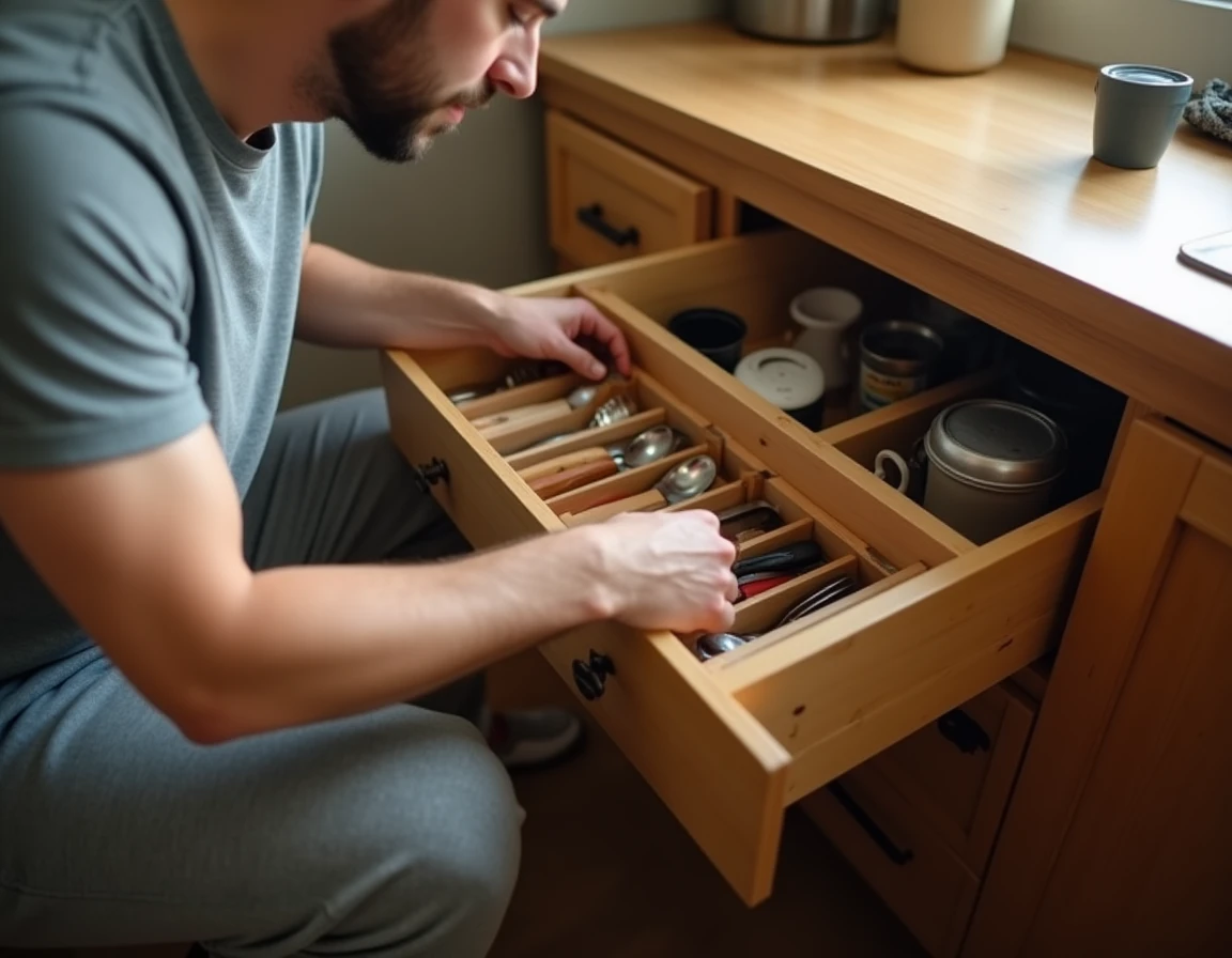 Personne rangeant méthodiquement un petit espace comme un tiroir de cuisine dans le cadre d'une routine quotidienne
