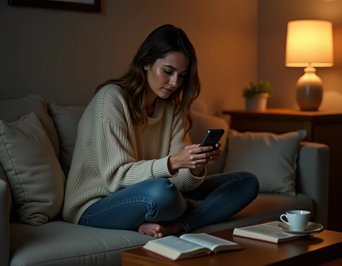 Femme posant son téléphone retourné sur une table basse le soir pour limiter les écrans avant le sommeil