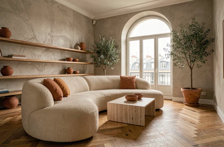 Salon contemporain avec canapé bouclé beige, table basse en travertin et parquet en chêne à chevrons dans un appartement parisien moderne