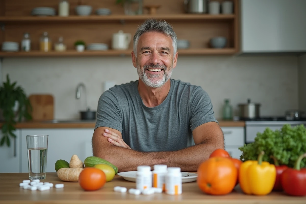 Homme d'âge mûr prenant soin de sa santé avec une alimentation équilibrée et des compléments alimentaires dans une cuisine moderne