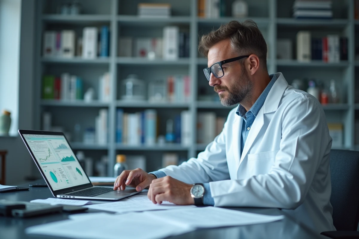 Scientifique en blouse blanche analysant des documents de recherche forensique dans un laboratoire