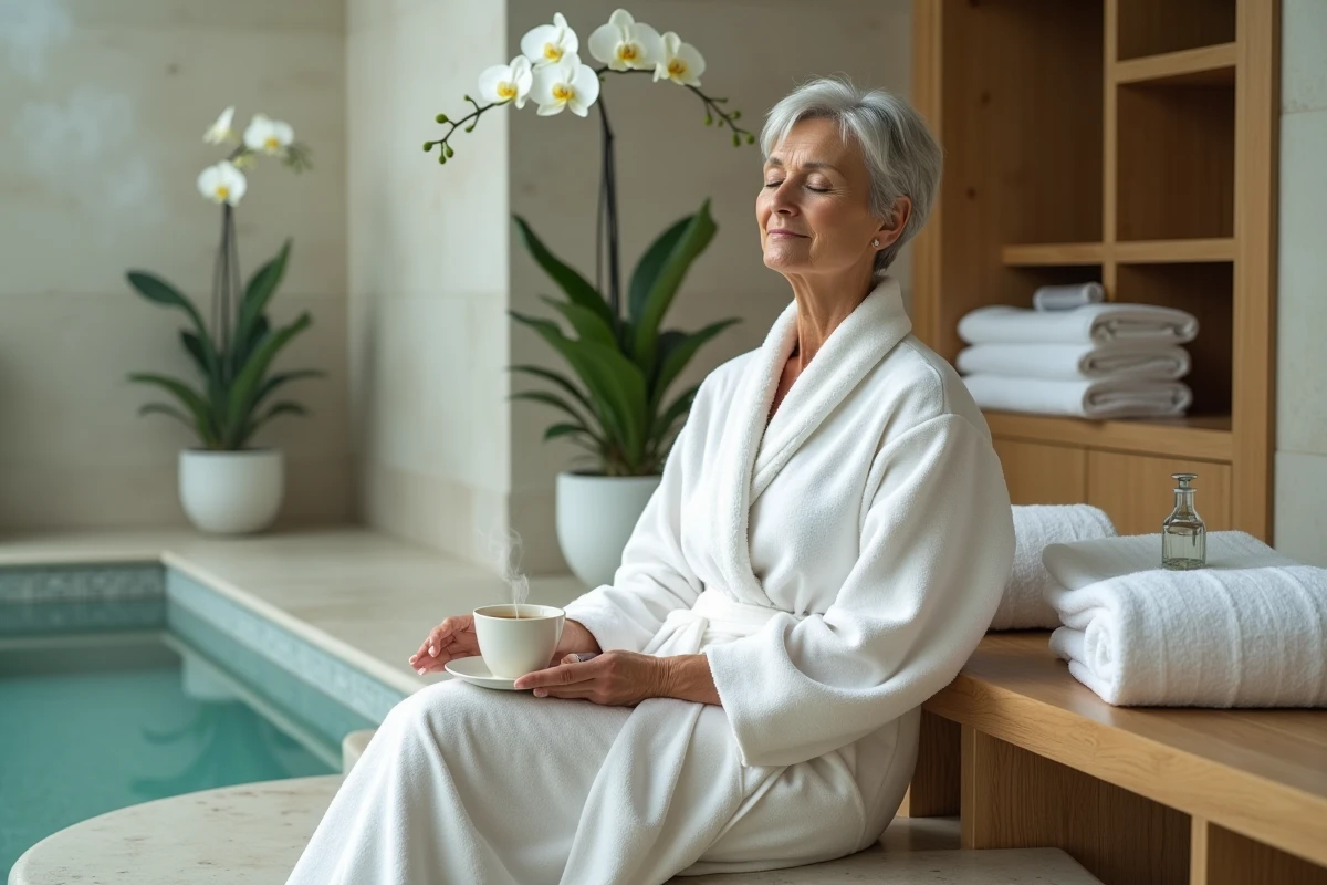 Femme de 60 ans se détendant dans un espace spa lors d'un séjour bien-être