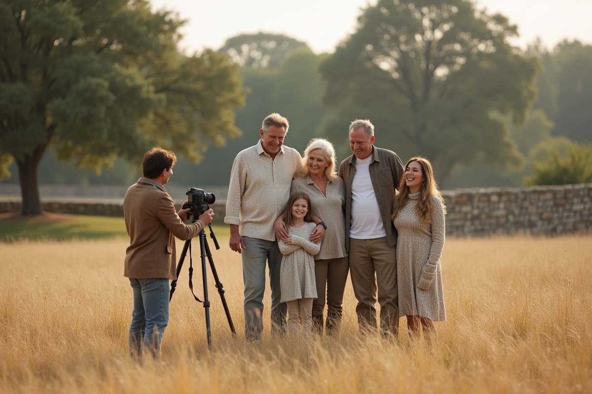 Shooting photo multigénérationnel en plein air avec grands-parents, enfants et petits-enfants