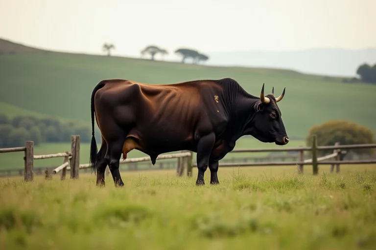 Taureau survivant de corrida paissant paisiblement dans un pré verdoyant en Espagne, avec des cicatrices visibles sur les flancs