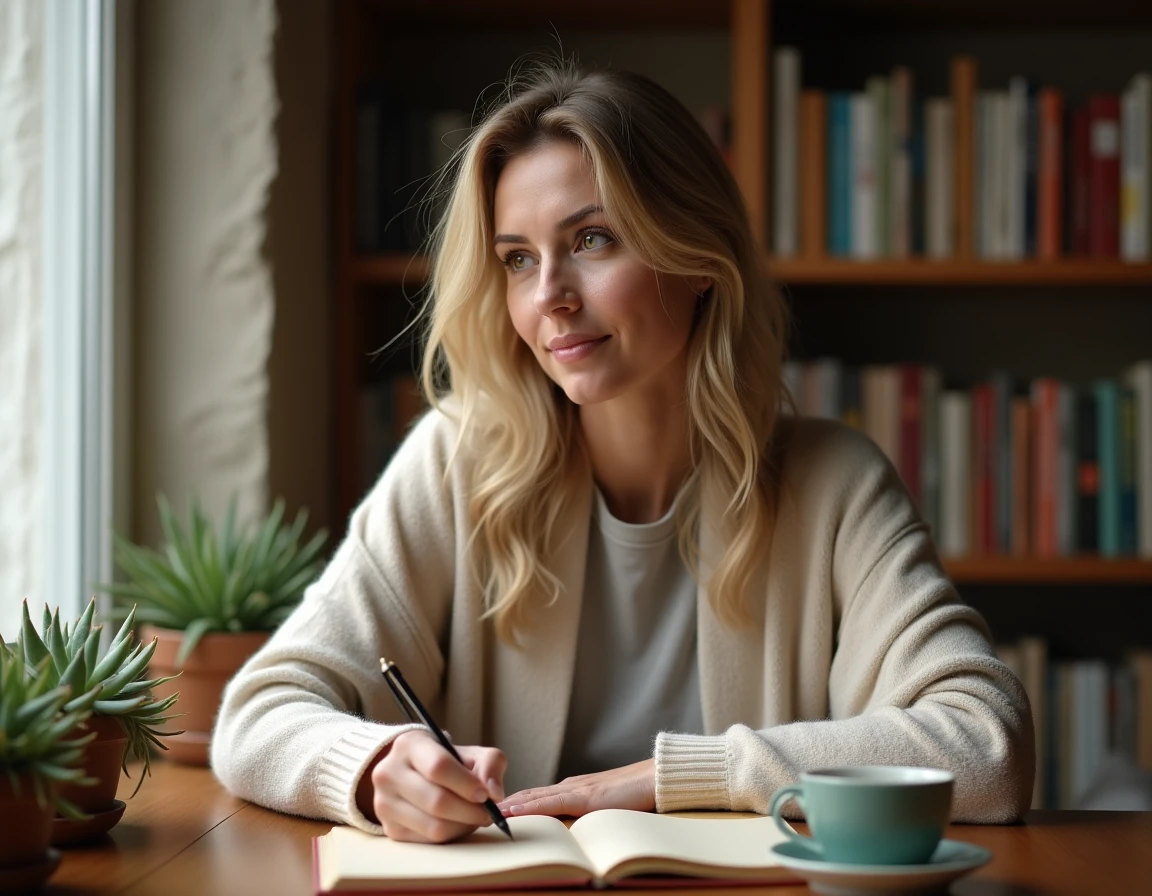 Femme écrivant dans un carnet de gratitude posé sur un bureau en bois près d'une fenêtre dans un intérieur cosy