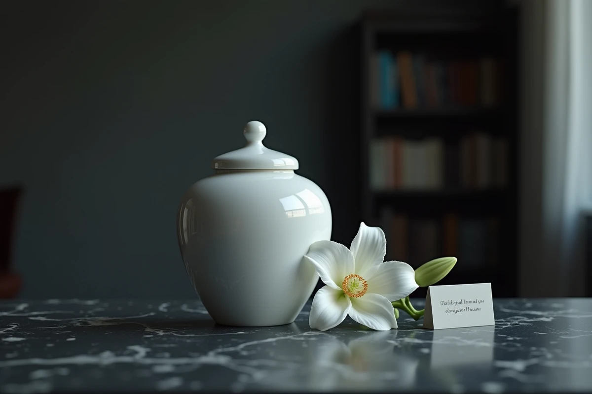 Urne funéraire en céramique blanche avec un lys blanc sur marbre sombre, symbole de crémation et de deuil