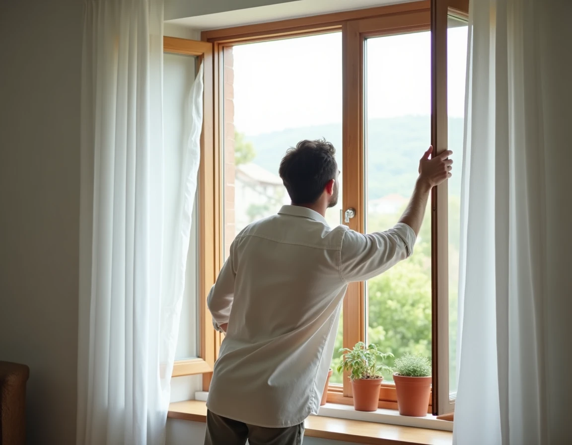 Personne ouvrant une fenêtre à double battant pour ventiler son logement et améliorer la qualité de l'air intérieur