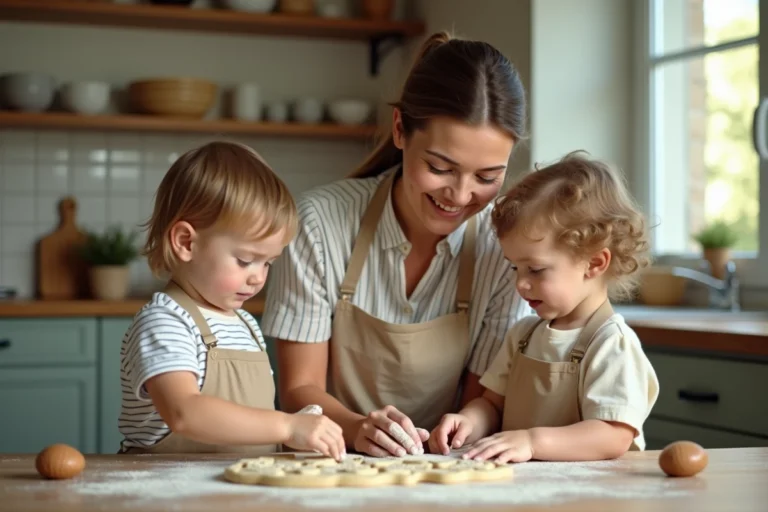 Mère et enfants préparant des biscuits ensemble dans une cuisine familiale chaleureuse et naturelle